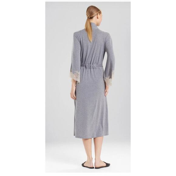 Natori Soft Luxe Shangra-La Tencel Robe Blue Belted Lace Trim Sleeves Sz Small - Picture 9 of 16